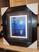 Framed fine art print titled "Moonlight" by Tom Thomson with protective covers on frame corners, showing full framed artwork and black wooden frame.
