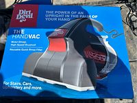 Box of Dirt Devil Hand Vac showing product image and features.