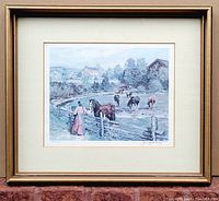 Framed print showing the entire artwork with matting and gold-tone frame, set against a brick background.