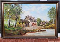 Full view of the oil painting showing the farmhouse, pond, horses, trees, and people in a countryside scene