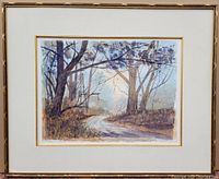 Framed watercolor artwork of a tree-lined path with warm tones reflecting autumn or early spring, showing the complete framed piece.