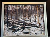 Full framed textured print showing winter forest scene with fallen logs in snow.