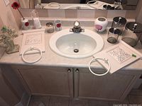 Full view of bathroom sink with towel rings, canisters, ceramic vase, decorative panel pieces, and artificial flower.
