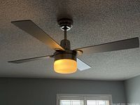 Ceiling fan and light mounted on ceiling, showing four blades and frosted glass light fixture