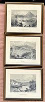 Three framed black and white landscape engravings stacked vertically with gold accents on the frames, each measuring roughly 7x5 inches, depicting Lake Memphremagog and Bolton scenes.