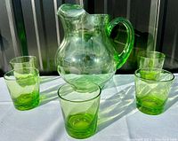 Green depression era glass jug with four matching green depression glasses arranged around it on a white surface with sunlight highlighting the translucent green glass.