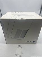 Front view of the white box showing schematic illustration of the air enhancer device, showing vents and power button design, brand name 'IBUKI AIR ENHANCER' with aroma diffuser listed.