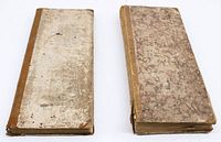 Closed view of two antique ledger books showing aged covers and signs of use.