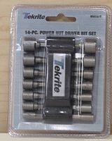 Front view of new Tekrite 14-piece power nut driver bit set in original packaging