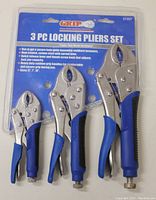 Front view of sealed package showing all three locking pliers with blue/black grip handles inside blister pack with product info on blue backing card.