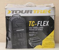 Photo of the product box displaying the TourTrek TC-FLEX golf travel cover branding and specifications.