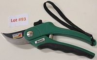 Garden snips showing curved stainless steel blade with Ilaflon coating, integrated lock, and ergonomic green handle with black grip and wrist strap.