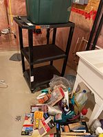 Overall photo showing black resin three-tier cart with large green plastic storage tote on top, assorted household items including brushes, cleaning products, and paint supplies on floor beside cart.