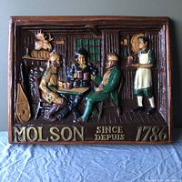 Full front view of the foam wall sign showing the three men, bartender, mounted deer head and 'MOLSON SINCE DEPUIS 1786' lettering