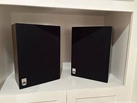 Front view of the pair of cabinet speakers with black grilles and mirrored placement