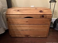 Front view of solid wood chest with closed lid showing natural wood grain and knots.