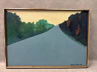 Frontal view of the painting showing the road and treeline composition in frame