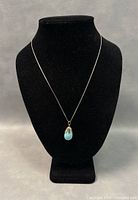 Full view of the necklace displayed on a black velvet stand showing the silver chain and blue gemstone pendant.