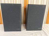 Front view of two rectangular black Phase Tech speakers with fabric grills on a table.