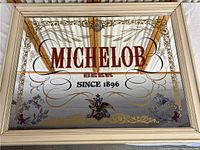 Full view of Michelob Beer framed mirror showing entire logo and decorative gold filigree pattern