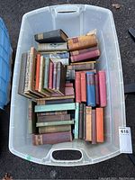 Plastic tote containing approximately thirty hardcover books