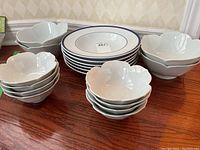 Photo showing all bowls arranged on the floor, highlighting the blue and white soup bowls, and the two sizes of white fluted bowls.