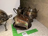 Copper cheese container with lid and handled base shown with tarnish and patina, part of the lot