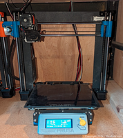 Prusa MK3S printer with clear glass bed installed, LCD showing ready status