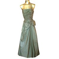 Full front view of sage silk evening gown on mannequin