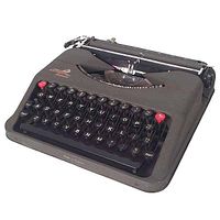 Front angle view of the Empire Aristocrat typewriter showing QWERTY keyboard with black keys and red function keys.