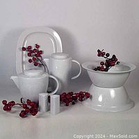 Front view showing white porcelain teapot, coffee pot, rectangular platter, salt and pepper shakers with decorative red berry branches for display.