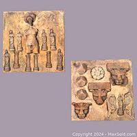 Photo showing both sienna tinted concrete plaques with architectural bas relief images from Greek, Roman and Gothic influence, displayed against lavender background.