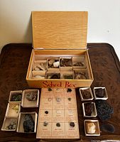 Open vintage wooden box labeled 'School Box' showing multiple small boxes with rock and mineral specimens and an educational card.