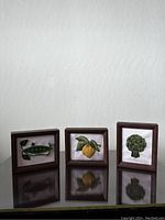 Three framed vintage embroidery pieces depicting vegetables on a white wall background