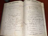 Two-page spread showing handwritten guest signatures and dates from 'The Brandon' hotel sign-in book circa 1896-1899.