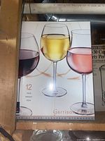Box of Garrison Elite 12-piece European stemware glasses.