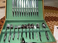 Full view of Oneida stainless steel flatware set open in green lined box showing knives, forks, spoons, and serving spoon