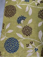 Close-up of floral pattern and texture of the rug, showing individual weave and colors (green base with blue and brown flowers and white leaves)