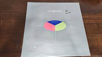 Front cover of the YES 90125 vinyl album showing colorful pie chart graphic on a grey background with white YES logo at top center.