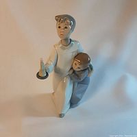 Front view of Lladro porcelain figurine showing two boys, one holding a candle, the other embracing him.