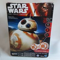 Front of original Star Wars The Force Awakens BB-8 box showing remote control features and battery requirements.