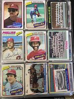 Front faces of Philadelphia Phillies baseball cards showing players Greg Harris, Rawly Eastwick, Gene Gabber, Garry Maddox, Greg Gross, and team group photos in sleeves.