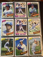 Photo showing nine Dodgers and Expos baseball cards, featuring players Dave Lopes, Steve Yeager, Bob Welch, Derrel Thomas, Ross Grimsley, Rudy May, Chris Speier, and Tom Hutton.
