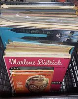 Top view of a bin with a collection of vinyl records showing album covers including Marlene Dietrich and Spike Jones records, illustrating the variety and condition of the records.