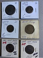 Overview of all seven coins, each in holder with handwritten dates and notes