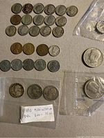 Layout of mixed US coins showing several rows of pennies, nickels, dimes, quarters, and halves with some coins aged and toned.