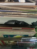 Photo showing stacked vinyl albums and CDs including visible cover of Jerry Byrd "Birds Expedition" album and part of a dog’s face on another album.