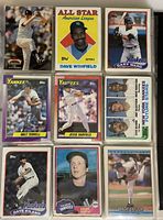 Photo showing nine New York Yankees baseball cards including All-Star Dave Winfield card and player cards of Gary Ward, Walt Terrell, Jesse Barfield, and others.