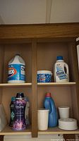 Overview of cleaning and laundry products on wooden shelves including bleach, fabric softener, scent booster, and detergent bottles.