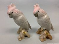 Front view of the pair of porcelain parrots showing detailed pink crested feathers and textured bases.